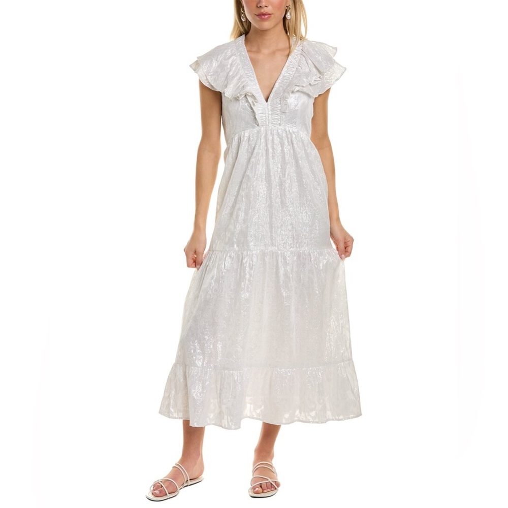 Roller Rabbit Lurex Ondine Metallic Striped White Silver Maxi Dress Size XS